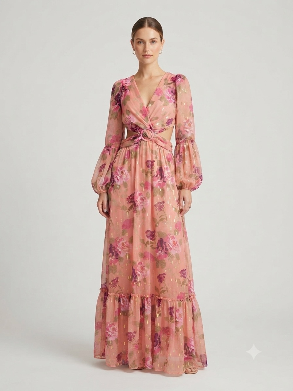 RAHI Pink Floral Gold Lurex Cutout Long Sleeve Maxi Dress Medium Florence Print